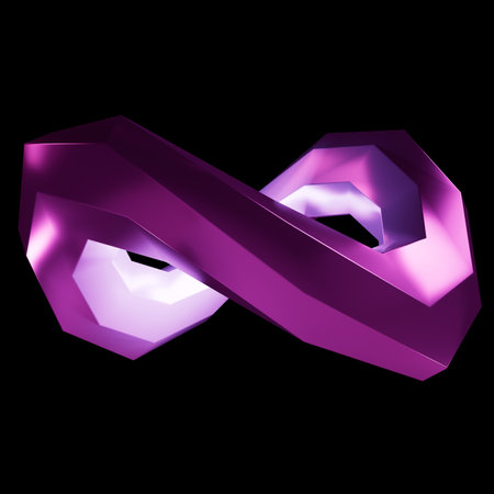 Futuristic 3D faceted infinity symbol, abstract purple ribbon with lighting on a black background,...