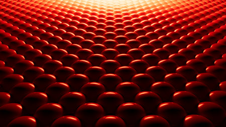 Abstract background of glossy red spheres, 3D rendering with light and shadow effect, futuristic texture, geometric pattern, shiny balls, digital visualization, red volumetric backdropの写真素材