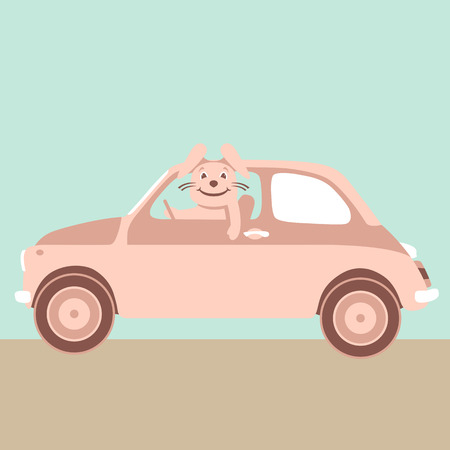 Pink rabbit in the car vector illustration flat style profile sideのイラスト素材