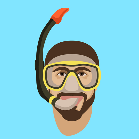 man face in diving mask and snorkel flat style front sideのイラスト素材