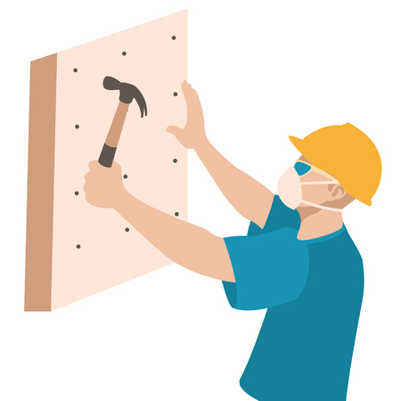 the worker nails the polystyrene panel  vector illustration flatのイラスト素材