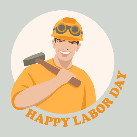 smiling worker with hammer  labor day vector illustration flat styleのイラスト素材