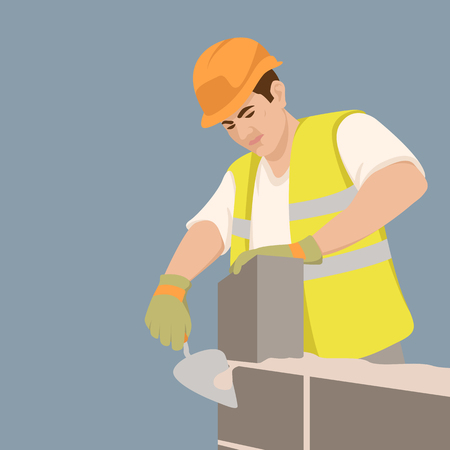 Worker build brick wall.  vector illustration flat styleのイラスト素材