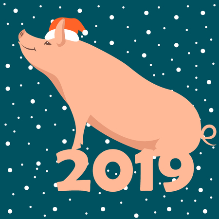 Pig in a cap of Santa Claus  vector illustration flat styleのイラスト素材