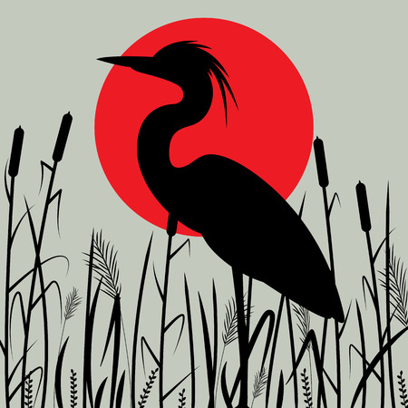 heron walking , vector illustration,,profile view,  black silhouetteのイラスト素材