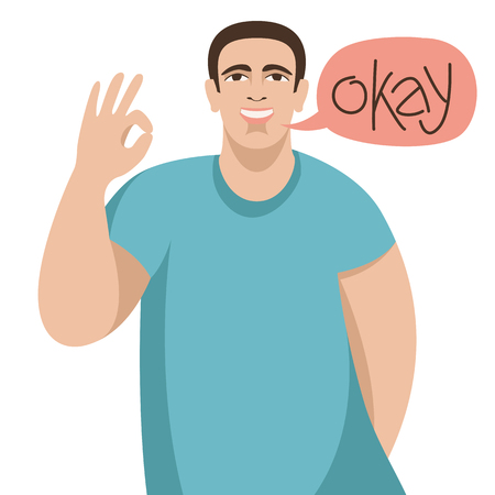 smiling young man with okay gesture, vector illustration , flat styleのイラスト素材