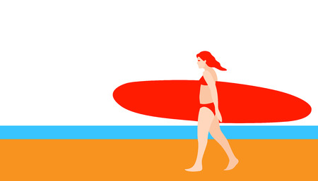 girl with a red  surfboard vector illustration flat style profile sideのイラスト素材