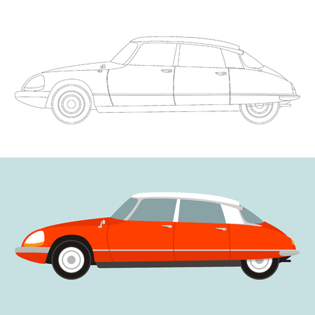 vintage car,vector illustration,lining draw,profile sideのイラスト素材