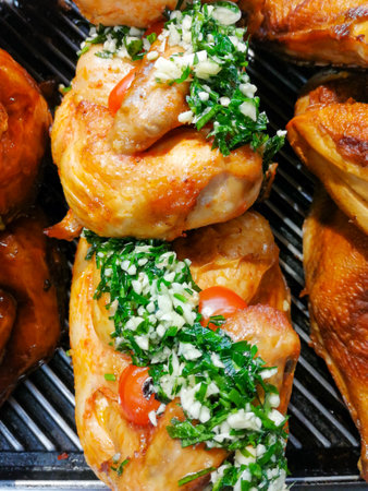 Grilled chicken half baked in sauce with garlic and herbsの写真素材