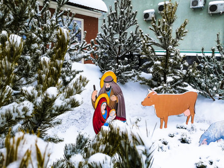 Christmas nativity scene holiday the birth of the savior in the stableの写真素材