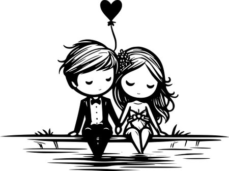 Couple in Love - Black and White Cartoon Illustration, Vectorのイラスト素材