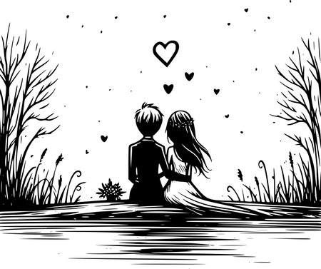Couple in love on the lake. Black and white vector illustration.のイラスト素材