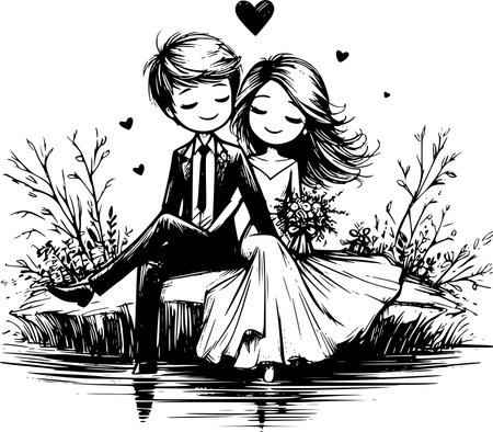 couple in love, bride and groom, vector illustration, black and whiteのイラスト素材