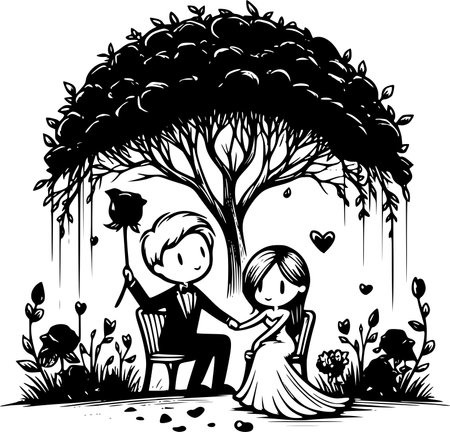 Couple in love under a tree. Vector illustration ready for vinyl cutting.のイラスト素材