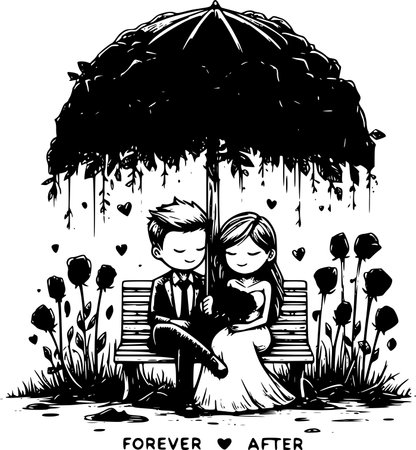 Wedding couple under an umbrella. Vector illustration ready for vinyl cutting.のイラスト素材
