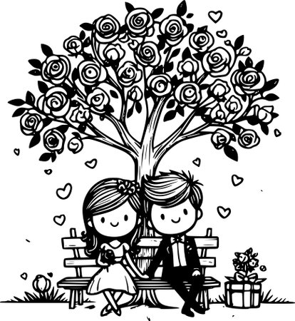 Boy and girl sitting under a tree and holding a bouquet of rosesのイラスト素材