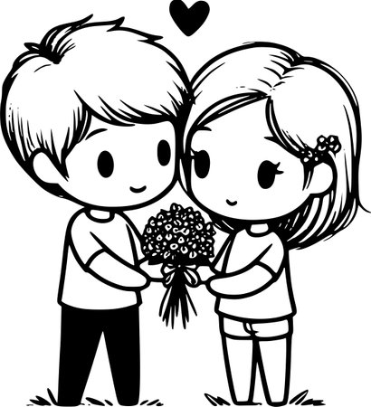 Black and White Cartoon Illustration of Boy and Girl Holding a Bouquet of Flowers for Valentine's Dayのイラスト素材