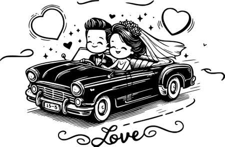 Bride and groom on a retro car.Vector illustration ready for vinyl cutting. Romantic Love and Wedding Ideas: Perfect Engagement, Marriage Themes, and Couple Celebration Momentsのイラスト素材