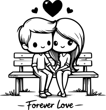 Boy and girl sitting on a bench.Vector illustration ready for vinyl cutting.のイラスト素材