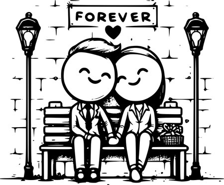 Valentine's Day Couple on the Bench Vector Illustrationのイラスト素材