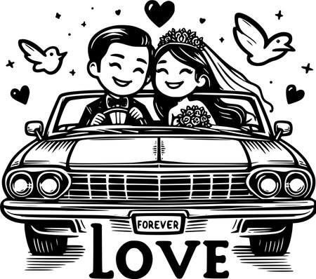 Wedding Couple.Vector illustration ready for vinyl cutting. Celebrate Love: Just Married Wedding Cars and Unique Themes for Your Dream Dayのイラスト素材