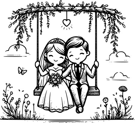 Bride and groom on a swing. Black and white vector illustration.のイラスト素材