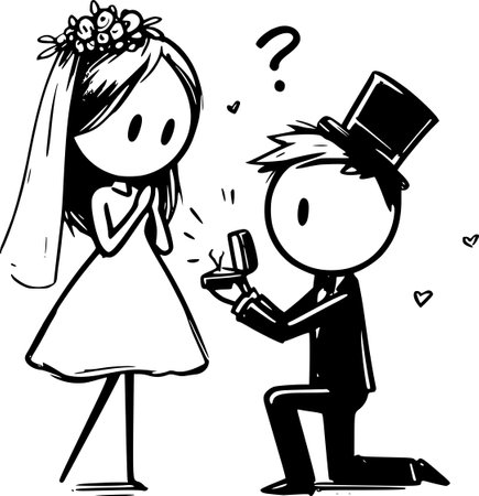 Black and white cartoon illustration of bride and groom exchanging wedding rings.のイラスト素材