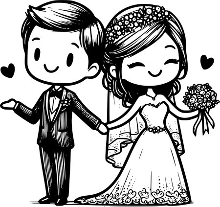 Black and White Cartoon Illustration of Bride and Groom for Coloring Bookのイラスト素材