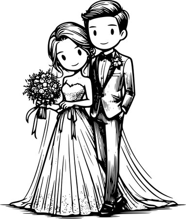 Black and White Cartoon Illustration of Bride and Groom Holding Wedding Bouquetのイラスト素材