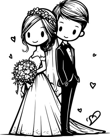 Wedding Couple - Black and White Cartoon Illustration, Vectorのイラスト素材