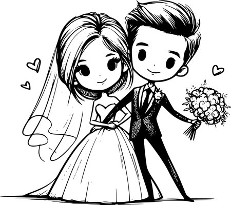 Black and White Cartoon Illustration of Bride and Groom for Coloring Bookのイラスト素材