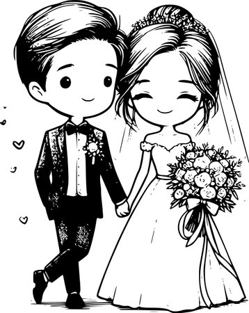 Black and White Cartoon Illustration of Bride and Groom Holding Handsのイラスト素材