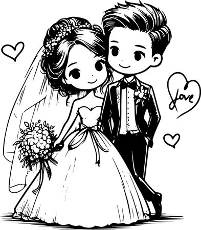 Black and White Cartoon Illustration of Bride and Groom in Loveのイラスト素材