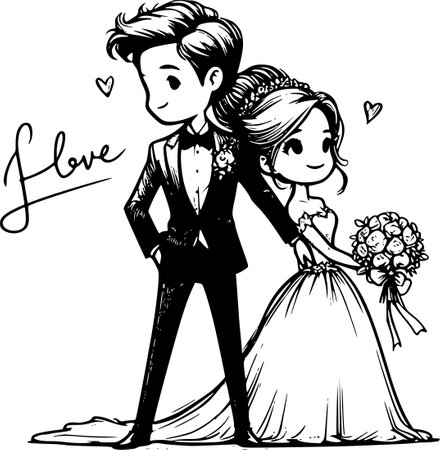 Wedding Couple.Vector illustration ready for vinyl cutting.のイラスト素材