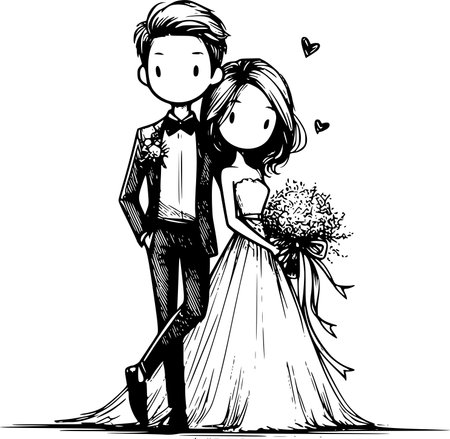 Wedding Couple - Black and White Cartoon Illustration of Bride and Groomのイラスト素材