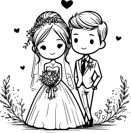 Wedding Couple - Black and White Cartoon Illustration, Vectorのイラスト素材