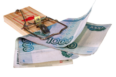 two banknotes one thousand rubles in a mousetrap isolated on white with Clipping Pathの写真素材