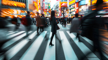 Blurry image capturing a group of people in motion on a city sidewalk during the early morning hours  AI generatedの素材