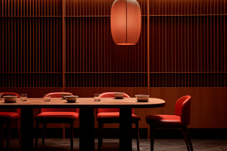 A delightful image capturing the ambiance of a restaurant or coffee shop with well-arranged tables and chairs  AI generatedの素材