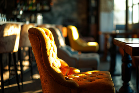 A delightful image capturing the ambiance of a restaurant or coffee shop with well-arranged tables and chairs  AI generatedの素材