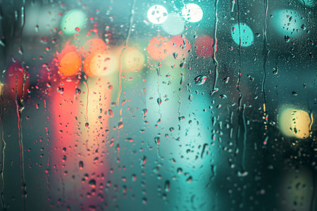Close-up photograph capturing pristine  water droplets delicately on a blurred glass surface, with a background illuminated by multicolored lights  AI generatedの素材