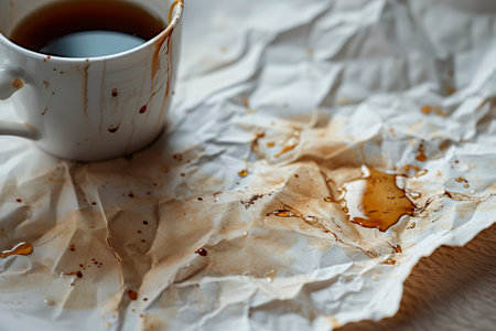 Close-up photograph capturing the details of a coffee cup and a white paper stained with coffee marks  AI generatedの素材
