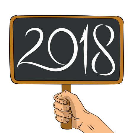 Hand holding wooden chalkboard with text 2018. Number 2018 with dog symbol. Hand drawn lettering. Vector illustration, isolated on white background.のイラスト素材