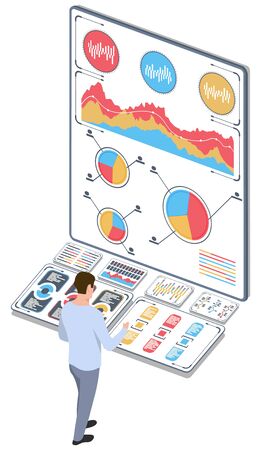 Man with statistical data. Infographic presented in the form of digital graphs and charts on tablet. Financial analysis business concept on screen. Sales statistics. Vector illustration, isometric.のイラスト素材