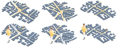 Map mobile app planning travel. Man with smartphone and way on isometric map. City map route, location symbols and navigational system mark. Vector, illustration isolated on white background.のイラスト素材