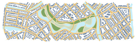 City map. GPS navigator. Fictional district plan. Top view, view from above. Abstract background. Cute simple design. Flat style vector illustration. Vector, illustration isolated on white.のイラスト素材