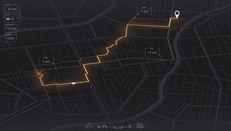 Gps map navigation to own house. View from above the map buildings. Detailed view of city. Tracking car location.. City top view. Abstract background. Flat style, Vector, illustration isolated.のイラスト素材