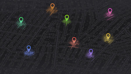 Gps map navigation to own house. City top view. View from above the map buildings. Detailed view of...