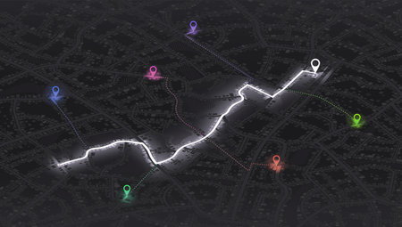 Gps map navigation to own house. City top view. View from above the map buildings. Detailed view of city. Decorative graphic tourist map. Abstract transportation background. Vector, illustration.のイラスト素材