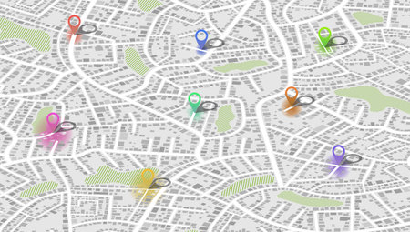 Gps map navigation to own house. City top view. View from above the map buildings. Detailed view of city. Decorative graphic tourist map. Abstract transportation background. Vector, illustration.のイラスト素材